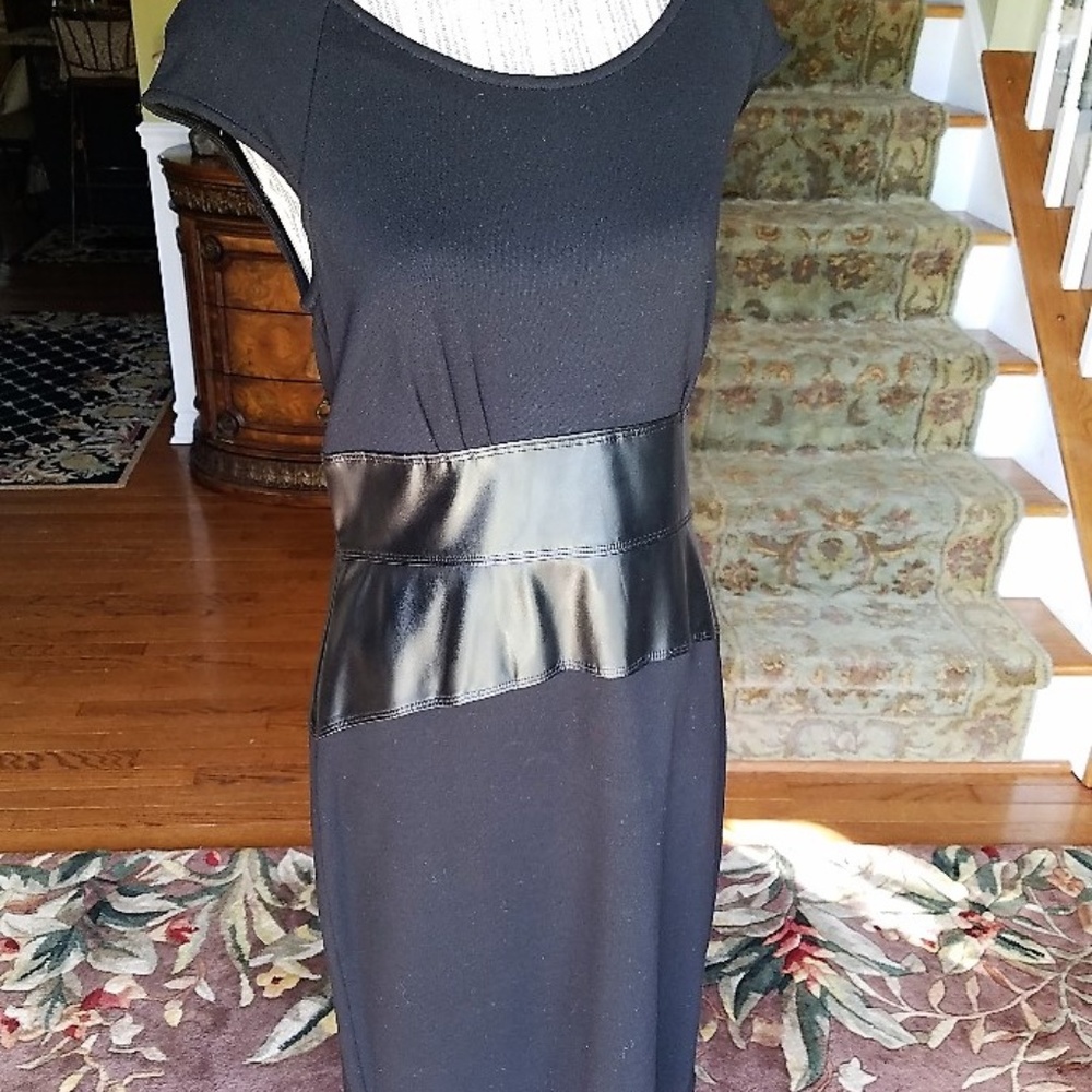 NWT $125 Calvin Klein Blk Knit Dress Faux Leather
